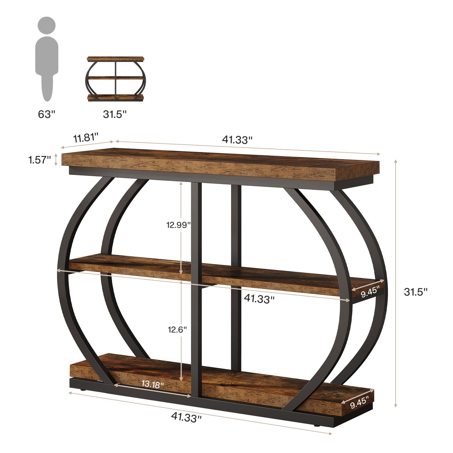 Tribesigns 41.3" Console Table, Industrial 3-Tier Entryway Table with Arched Metal Frame and Storage Shelves for Living Room, Hallway, Rustic Brown