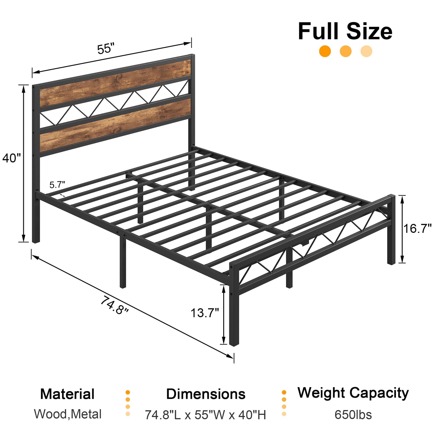 VECELO Full Size Bed Frame with Headboard, Heavy-Duty Platform Bedframe with Metal Slats Support, No Box Spring Needed, Easy Assembly, Black & Brown