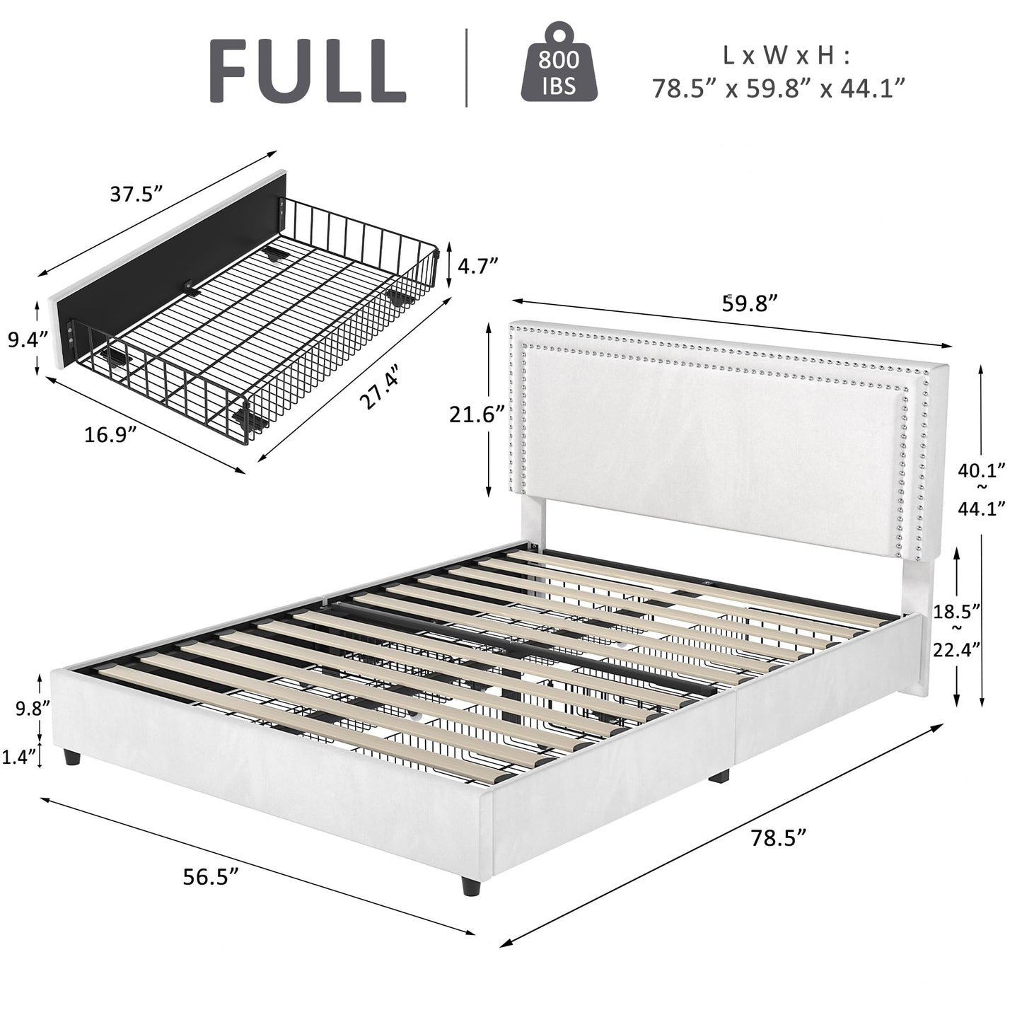 VECELO Full Size Upholstered Platform Bed Frame with 4 Storage Drawers, Adjustable Velvet Rivets Headboard, Wooden Slats Support, No Box Spring Needed, Easy Assembly