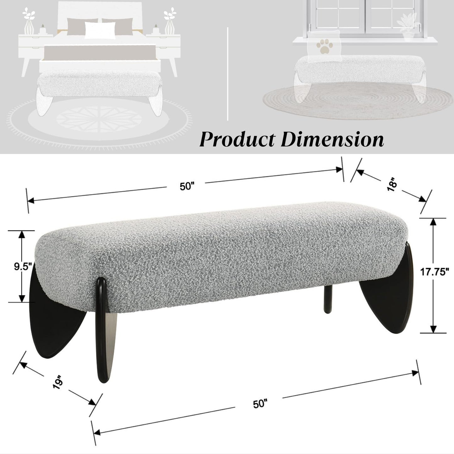 Ya-Home Modern Living Room Bench, Boucle Upholstered Bedroom Bench End of Bed, 50” Entryway Bench with Black Wooden Legs, Window Ottoman Bench for Bedroom/Hallway,Grey