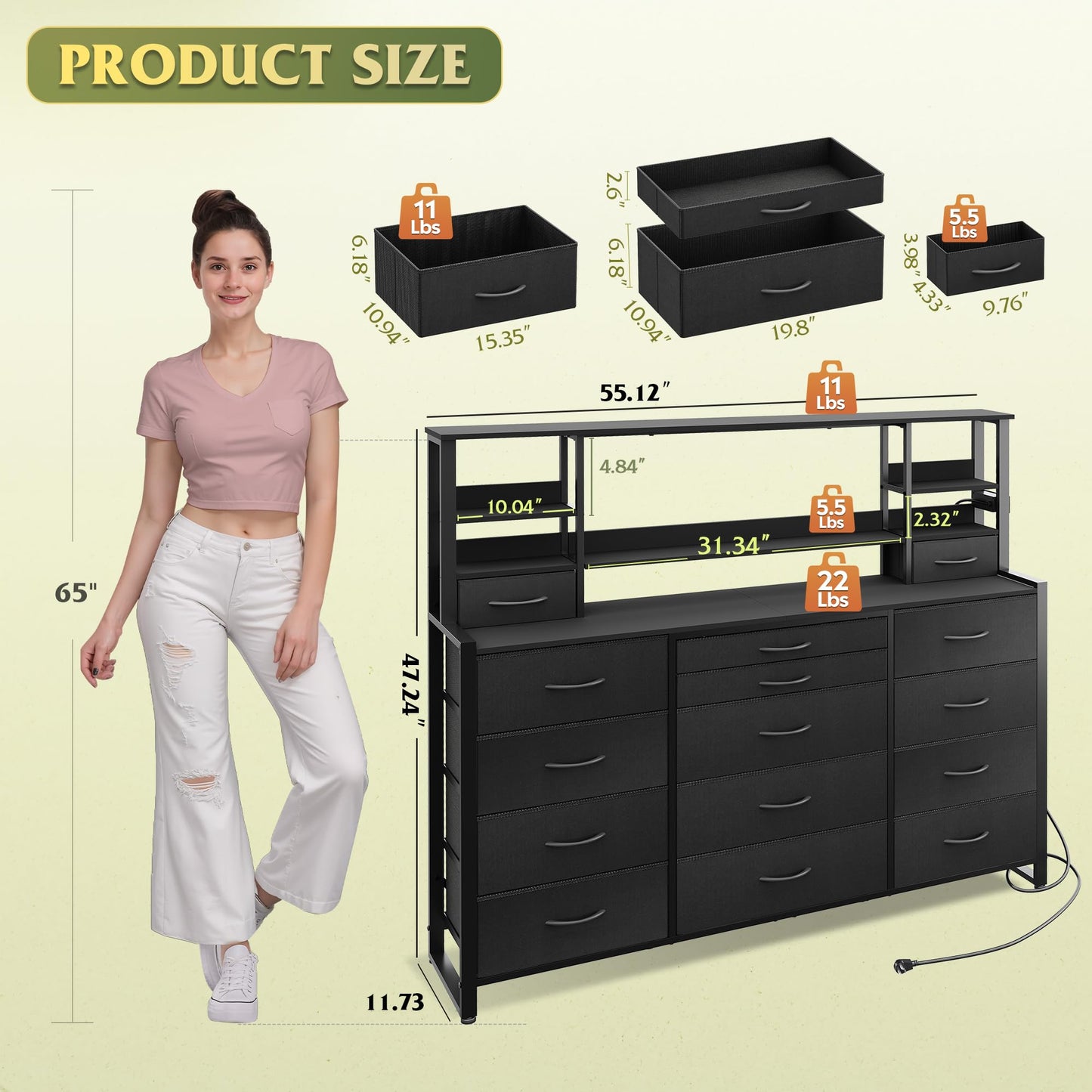 WLIVE 55" W Dresser for Bedroom with 15 Fabric Drawers & 5 Storage Shelves, Tall Black Dresser with Charging Station, Makeup Vanity Desk, Dressing Table, Chest of Drawers for Closet, Living Room