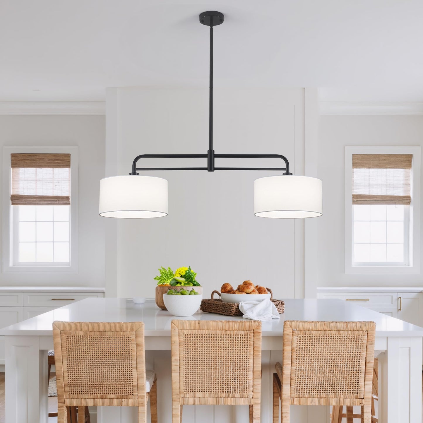40" Linear Pendant Light for Kitchen Island,2-Light White Linen Drum Light Fixtures with Black Metal Linear Light Fixture for Dining Room Farmhouse Chandelier over Table,Bar Living Room,E26