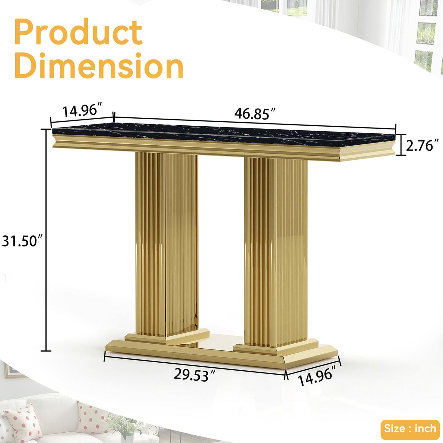 47" Rectangular Marble Console Table Luxury Black Faux Marble Entryway Table with Gold Column-Shape Stainless Steel Base Modern Narrow Sofa Hallway Tab for Living Room Entrance