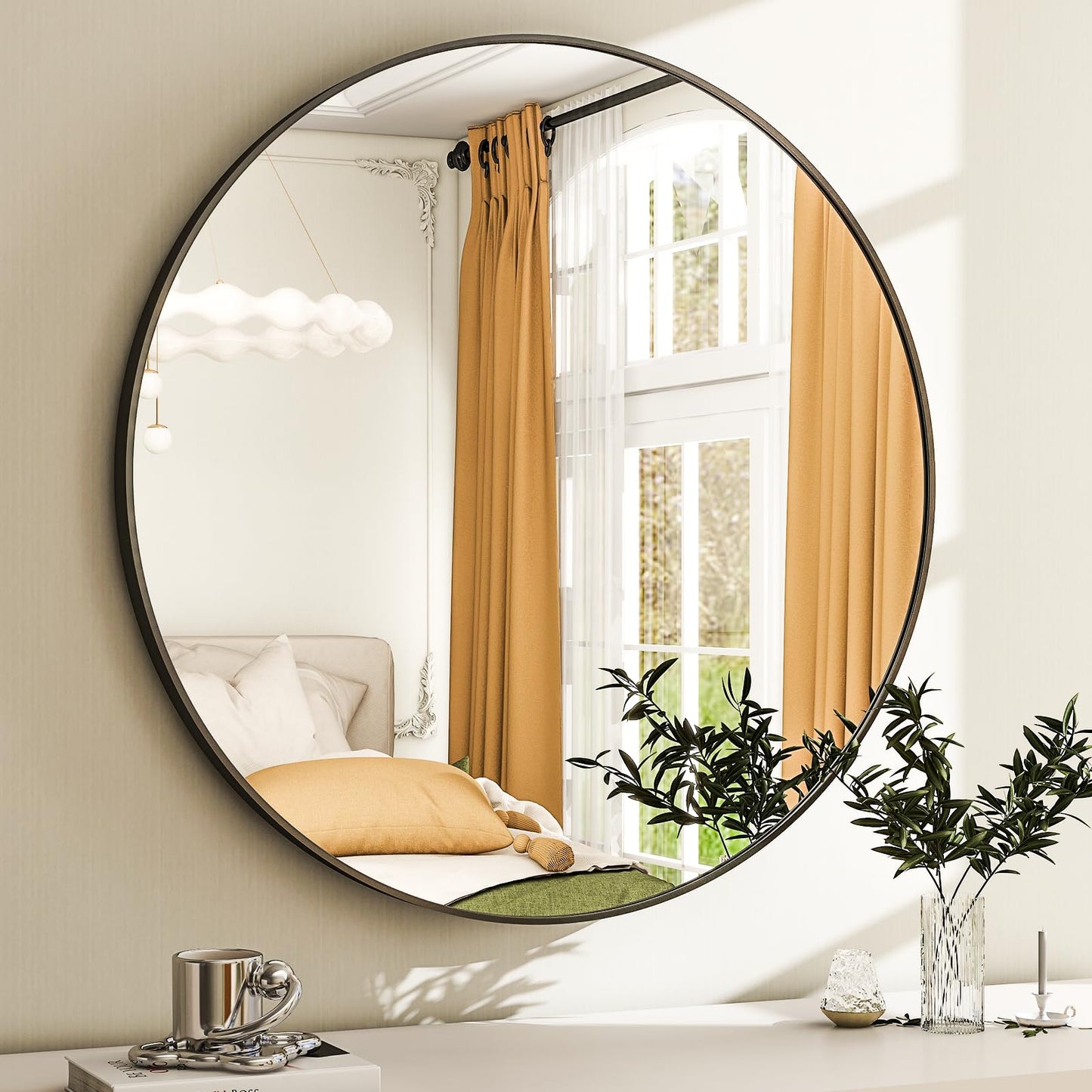 24 Inch Round Bathroom Mirror - Black Wall Mounted Circle Mirror with Metal Frame, Modern Round Hanging Mirror Suitable for Bathroom, Vanity, Entryway, Living Room