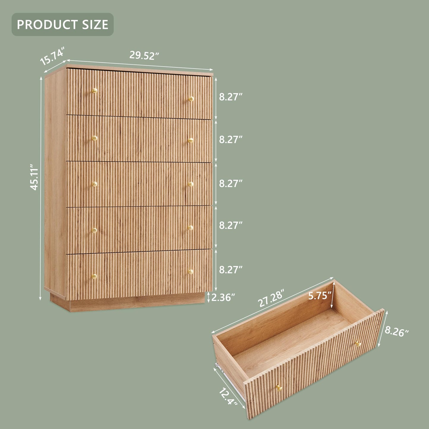 wow97e Fluted Dresser for Bedroom, 5 Drawer Dressers, Wood Tall Dresser Storage Organizer, Chest of Drawers with Deep Storage, Modern Bedroom Chest for Closet Hallway, Entryway, Living Room, Natural