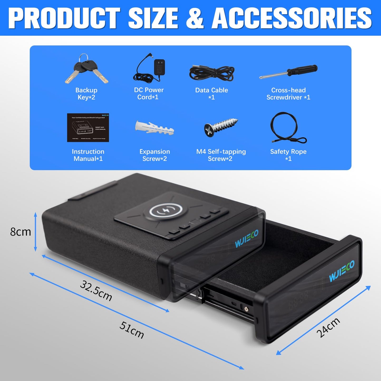 WJIECO Biometric Smart Gun Safe with Phone Charging for Handgun - Biometric Gun Safe 3 Ways Quick Access with Fingerprint/Keypad/Key Lock for Bedside Nightstand or Car with LCD