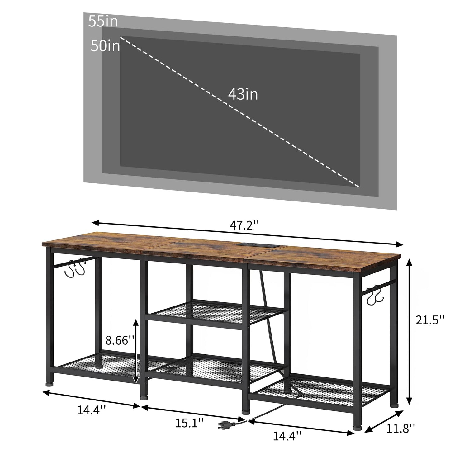 YGEOMER TV Stand Entertainment Center for 55 Inch TVs, with Charging Station and Lights Open Storage Shelves, TV Media Console, Open Storage Shelf with Sound Rack for Living Room, Rustic Brown