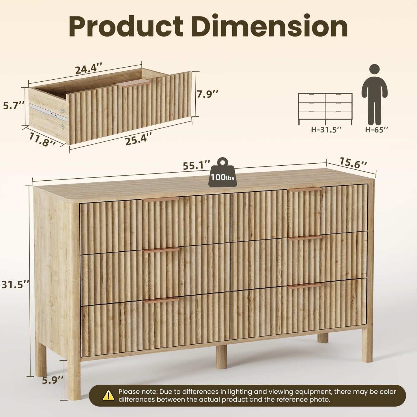 55" Wide Fluted 6 Drawer Dresser for Bedroom, Wooden Dresser Modern Chest of Drawers TV Stand Dressers with Organizer Storage for Bedroom, Living Room, Entryway, Oak