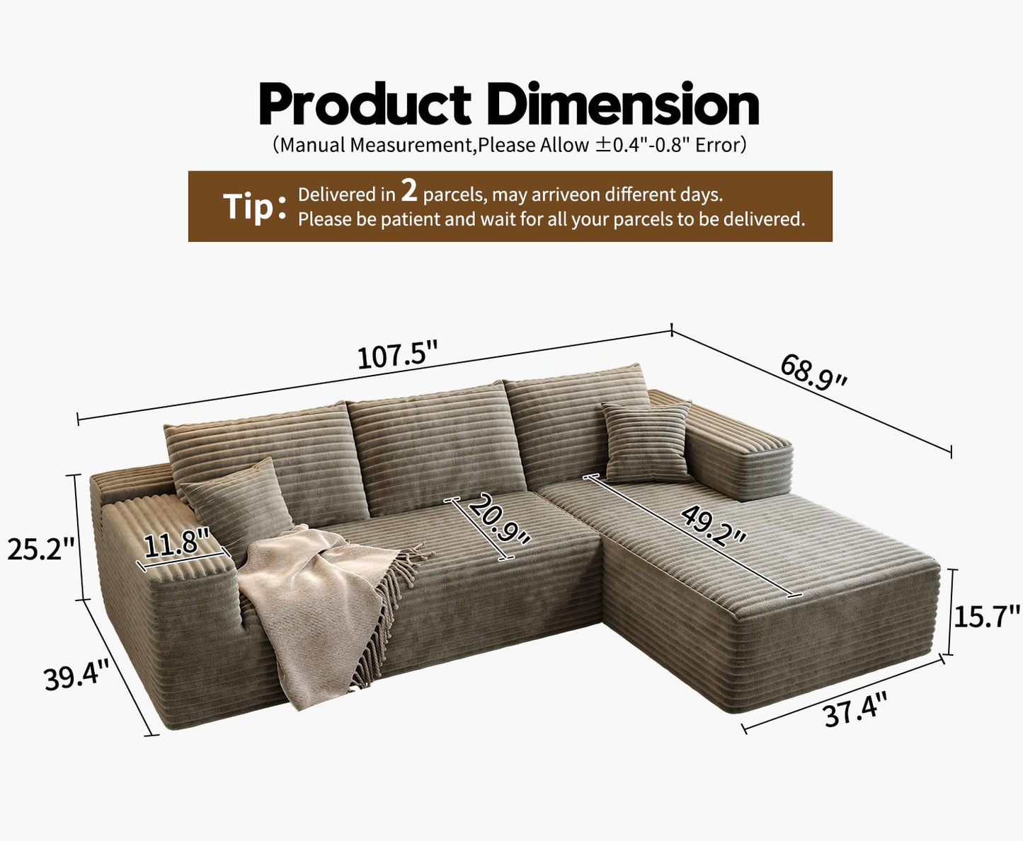 107.5" Cloud Modular Sectional Sofa Couch with L-Shape Chaise,Modern Minimalist Upholstered Couches for Living Room Bedroom,Deep Seat Corner Couch,No Assembly Required (Camel,Right Facing Chaise)