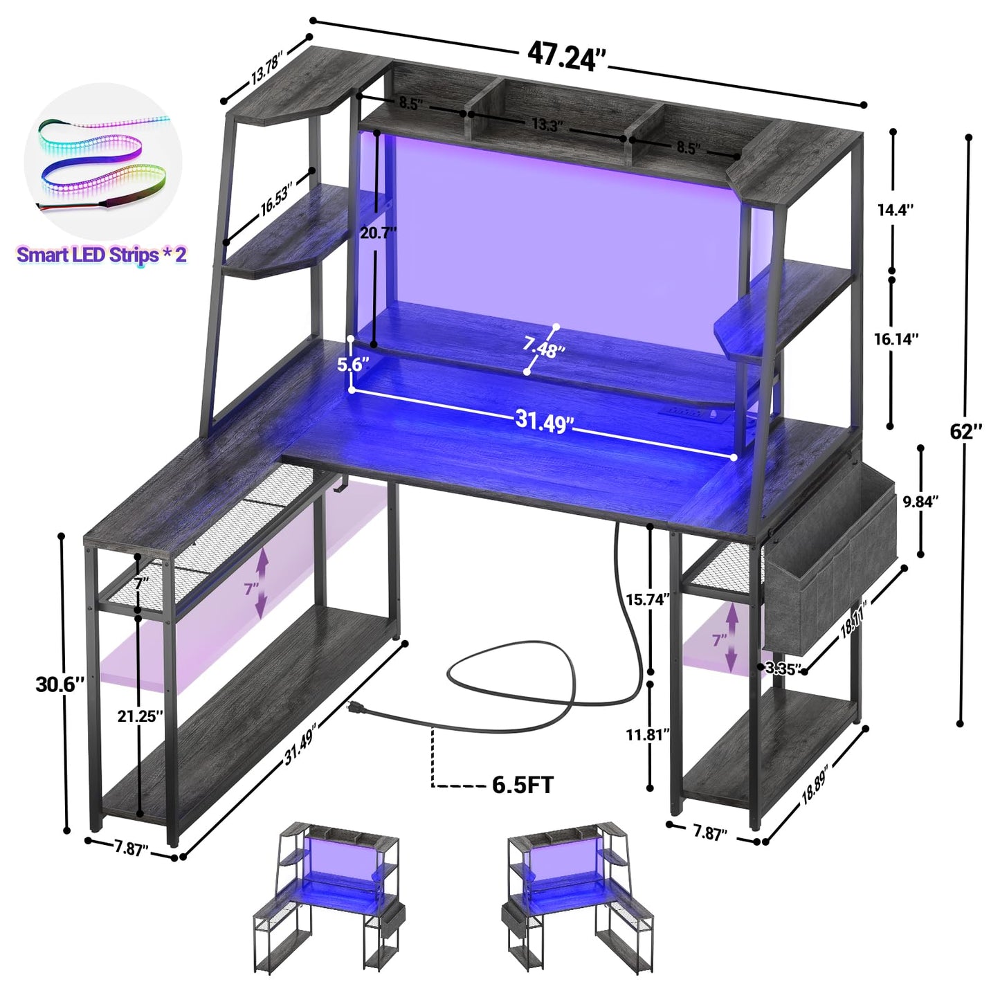 armocity L Shaped Gaming Desk with Hutch & Shelves, 47'' Gaming Computer Desk with LED Lights & Outlets, PC Gaming Desk with Storage & Monitor Stand, Grey Oak