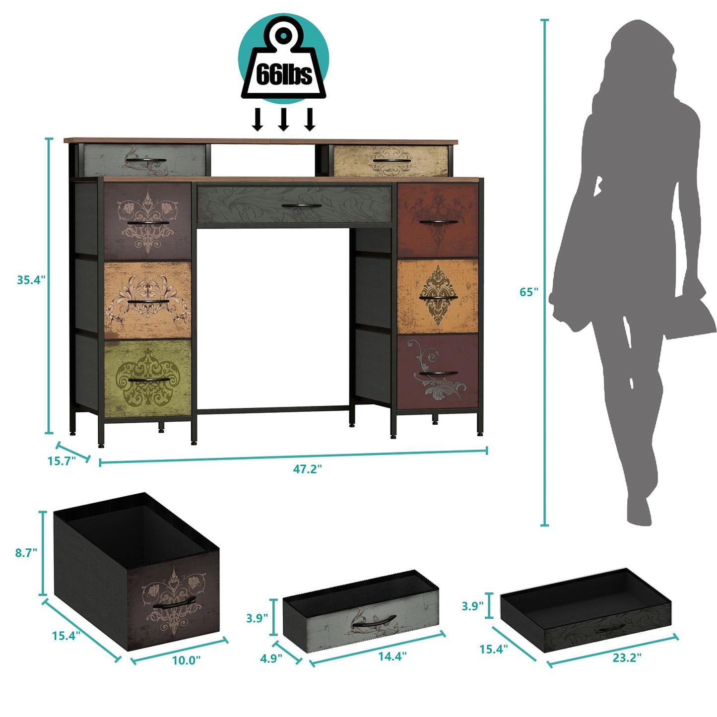 VASICAR Dresser for Bedroom with 9 Drawers & 2 Open Shelves, Fabric Storage Cabinet, Chest of Drawers, Long Dresser for Closet, Wooden Top & Metal Frame, Pattern