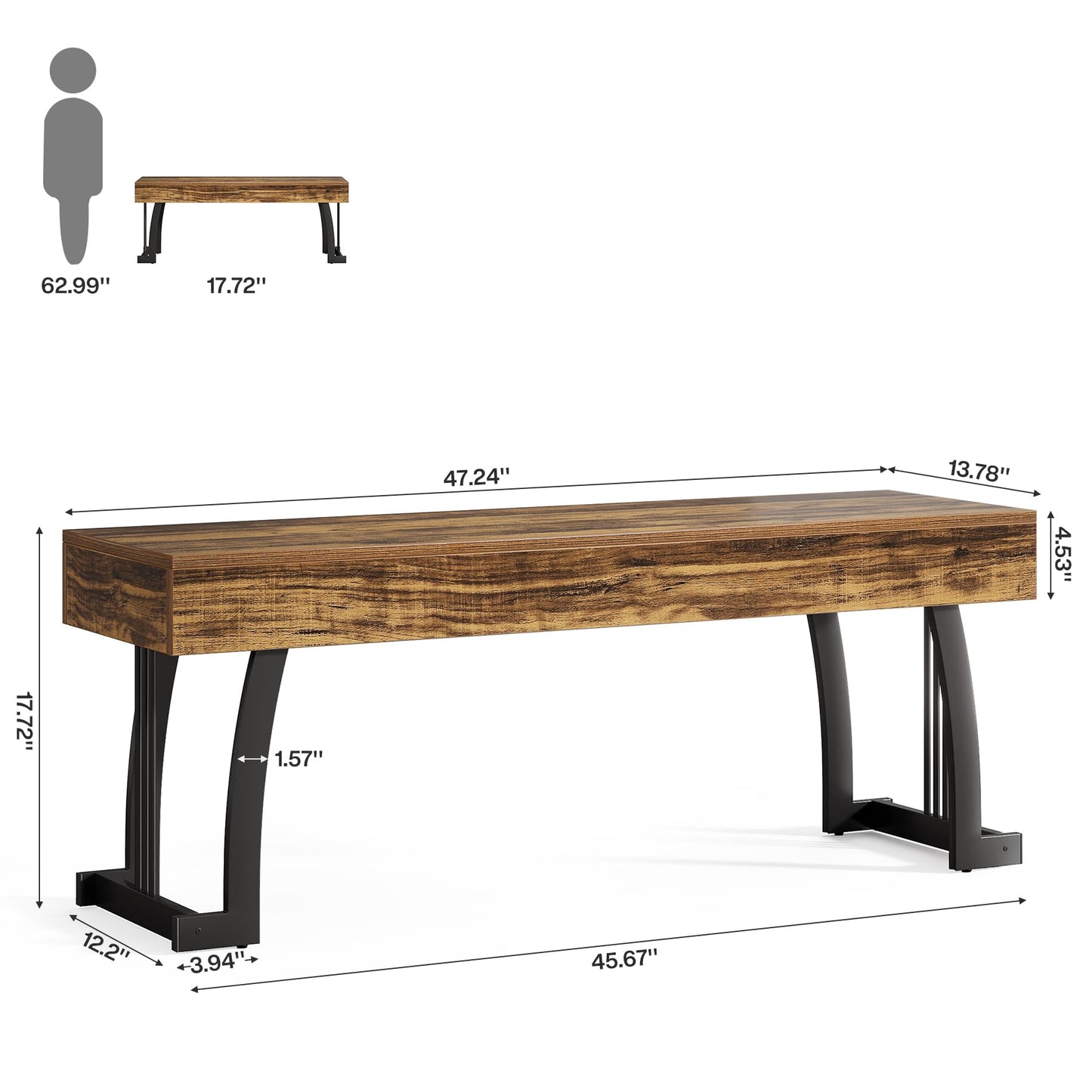 Tribesigns Wooden Entryway Bench, 47.24" Rustic Indoor End of Bed Bench with Sturdy Metal Legs, Long Dining Seat for Dining Room, Bedroom, Entry, Mudroom