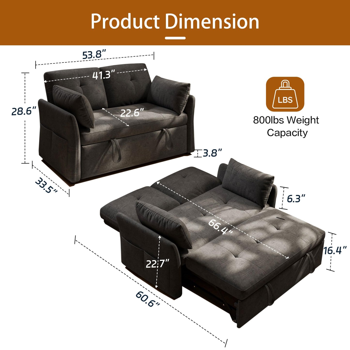DEYGIA 3 in 1 Convertible Sleeper Sofa Bed, 53" Pull Out Couch with Adjustable Backrest,Storage Pockets and Toolless Assembly. Futon Couch for Living Room, Bedroom. (Black)
