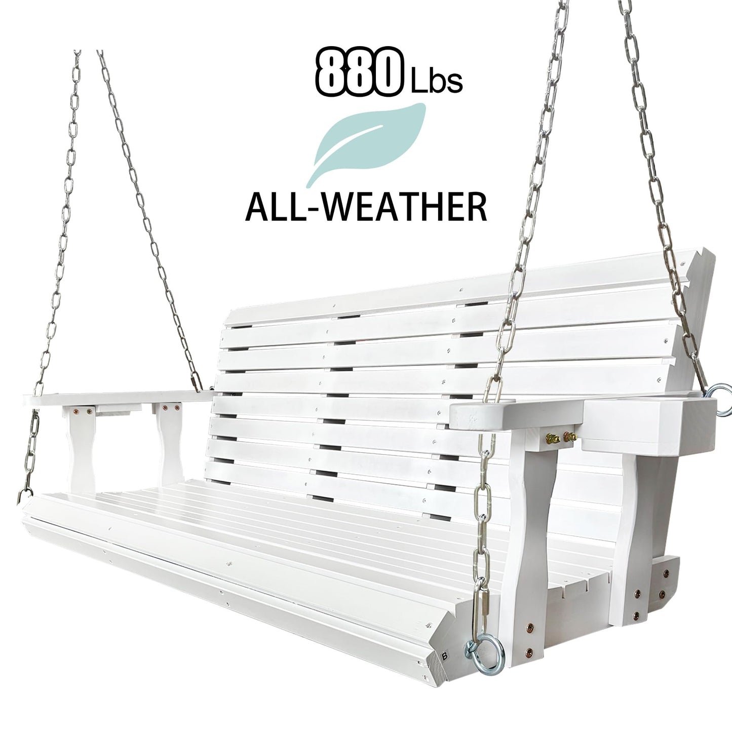 Wooden Porch Swing 3-Seater, Bench Swing with Cupholders, Hanging Chains and 7mm Springs, Heavy Duty 880 LBS, for Outdoor Patio Garden (Pure White, 5 FT Extra Large)