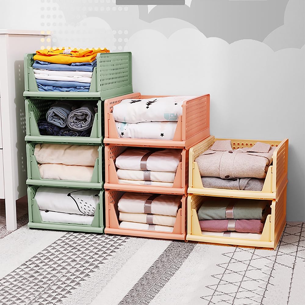 4-Pack Folding Wardrobe Storage Box Plastic Drawer Organizer Stackable Shelf Baskets Cloth Closet Container Bin Cube Home Office Bedroom Laundry Drawer Dividers for Clothes Toy Organization (Green)