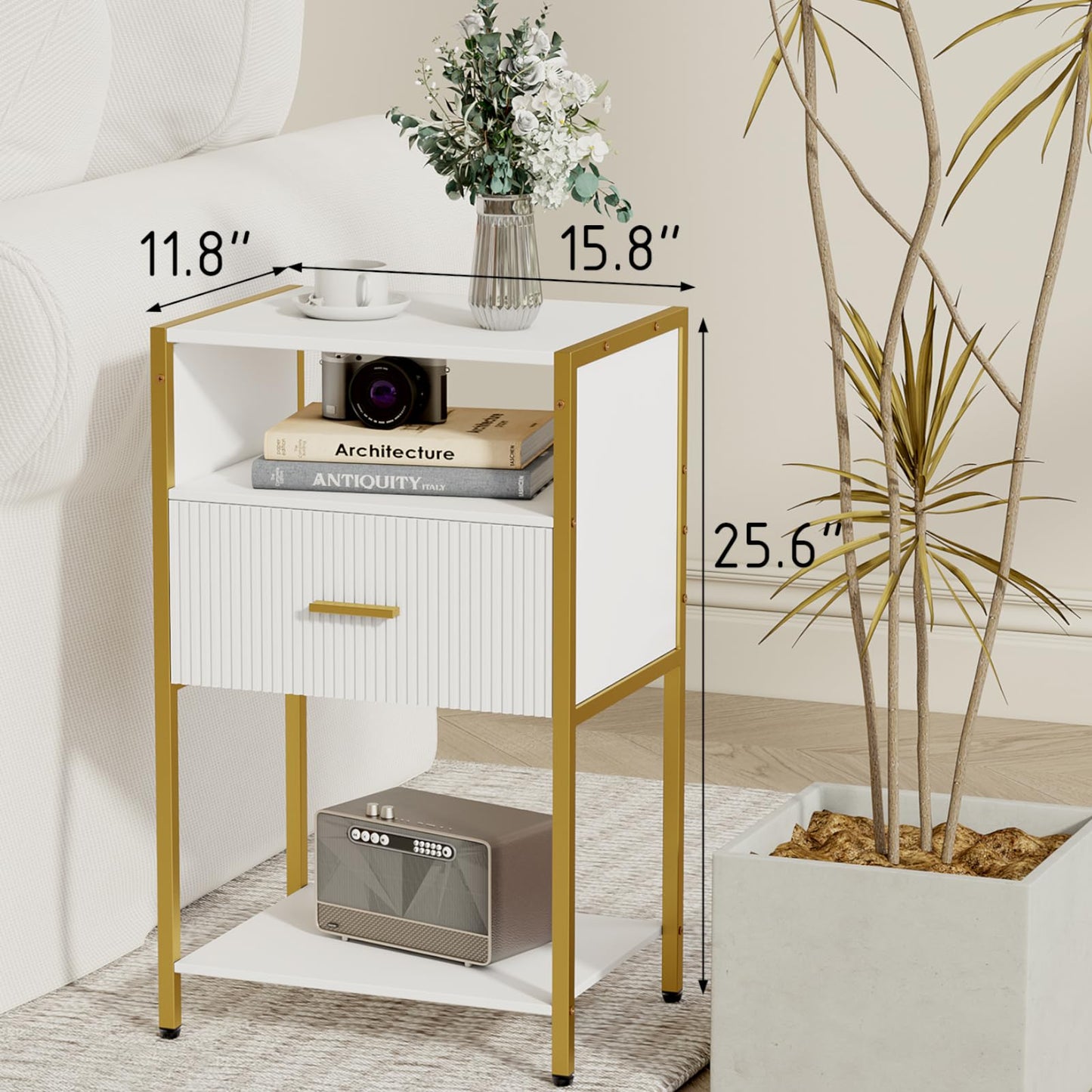 Veegle Fluted Nightstand, Modern Side Table with Drawer, White and Gold Bedside Table with Open Shelves for Living Room, Bedroom
