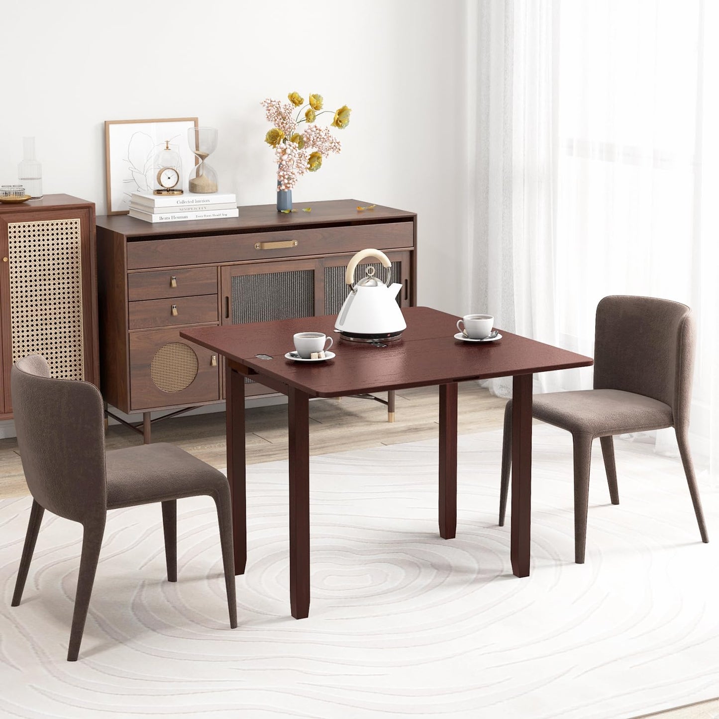 Tangkula 40" Foldable Dining Table, Kitchen Table w/Solid Rubber Wood Legs, Dual Drop Leaf Design, Farmhouse Diner Table for 2-4 People, Dining Room, Living Room, Restaurant (Rectangle)