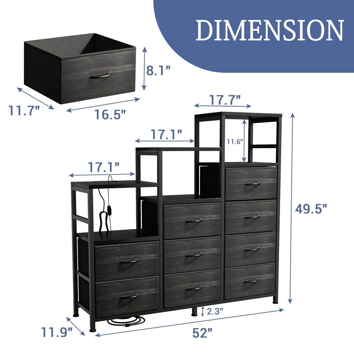 HPWLYO 9 Drawer Dresser with LED Light, Tall Fabric Drawers Dresser for Bedroom with Power Outlets, Dressers & Chests of Drawers with 3 Shelves for Bedroom