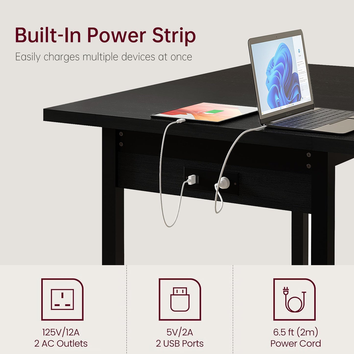 VECELO 7-Piece Dining Table Set with 6 Square Stools, 63" Expandable Kitchen Table with USB Charging & Metal Frame for 2/4/6, Wood Dinette Perfect for Small Spaces, Easy Assembly, Black