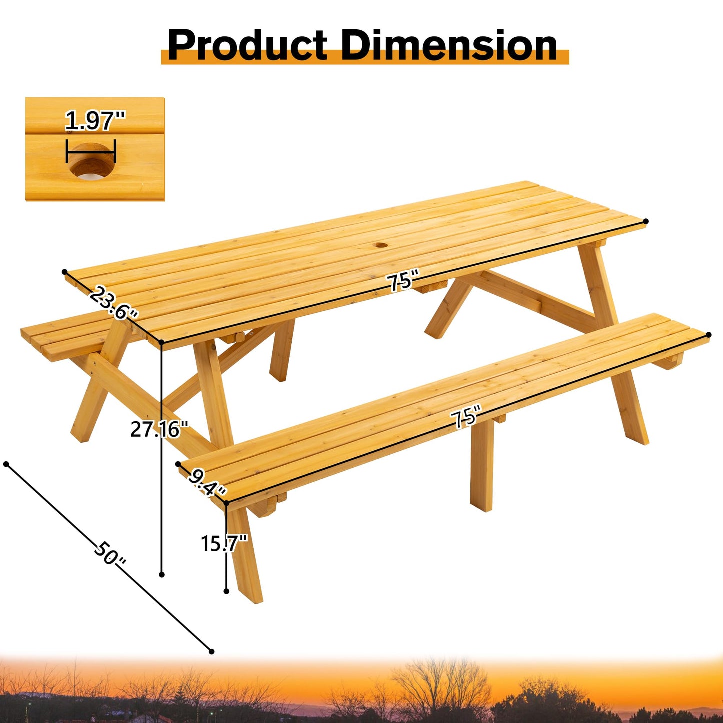 Premium Picnic Tables Outdoor Wooden Picnic Table Set with Benches & Umbrella Hole - Stylish and Spacious Seating for 6-8 People - Perfect for Backyard, Porch, and Garden Gatherings