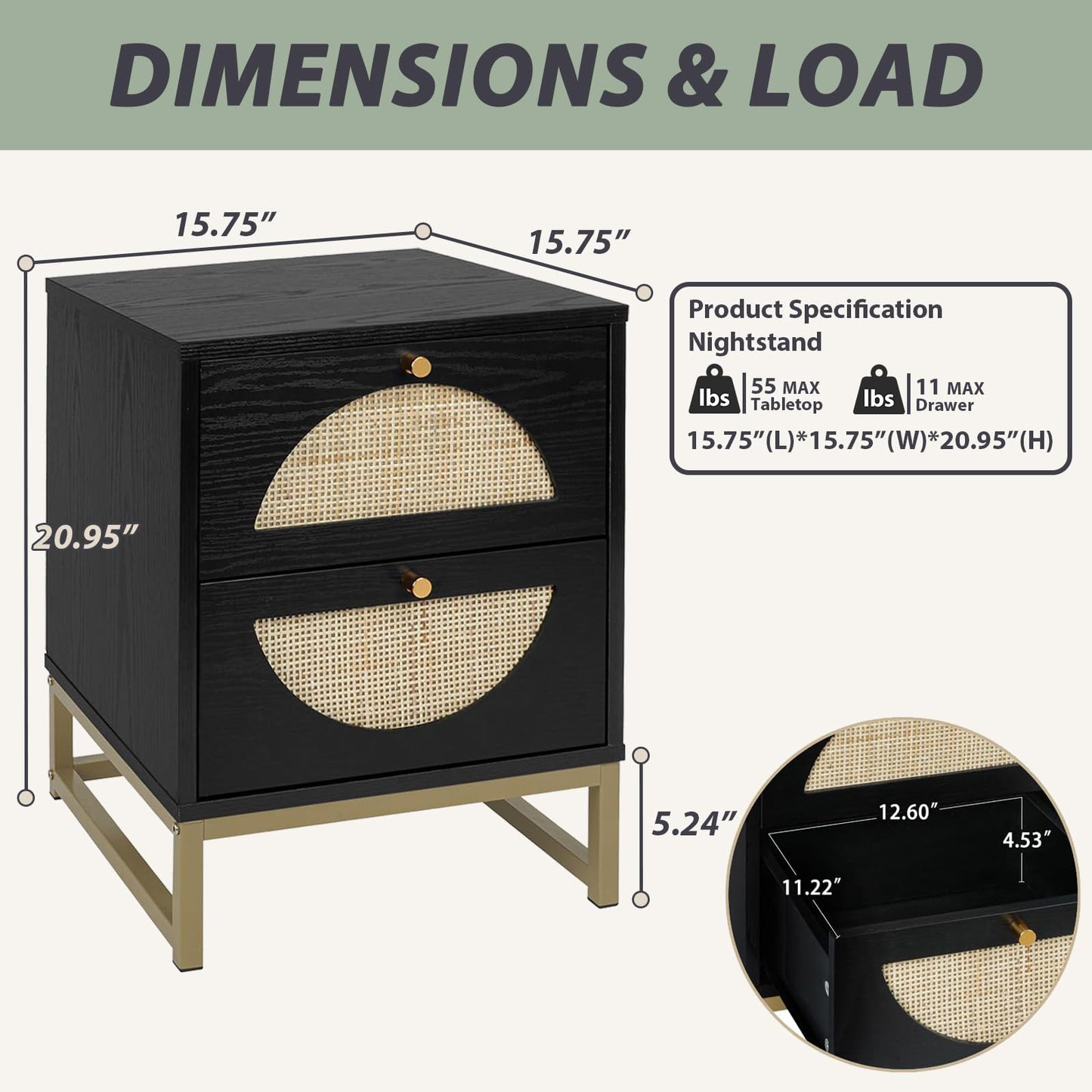 vistavie Rattan Nightstand with 2 Drawers, Wooden End Table Rattan Weaving Bedside Table Accent,Rustic Side Table Night Stand with Storage,for Living Room Bedroom (Black, Set of 2)