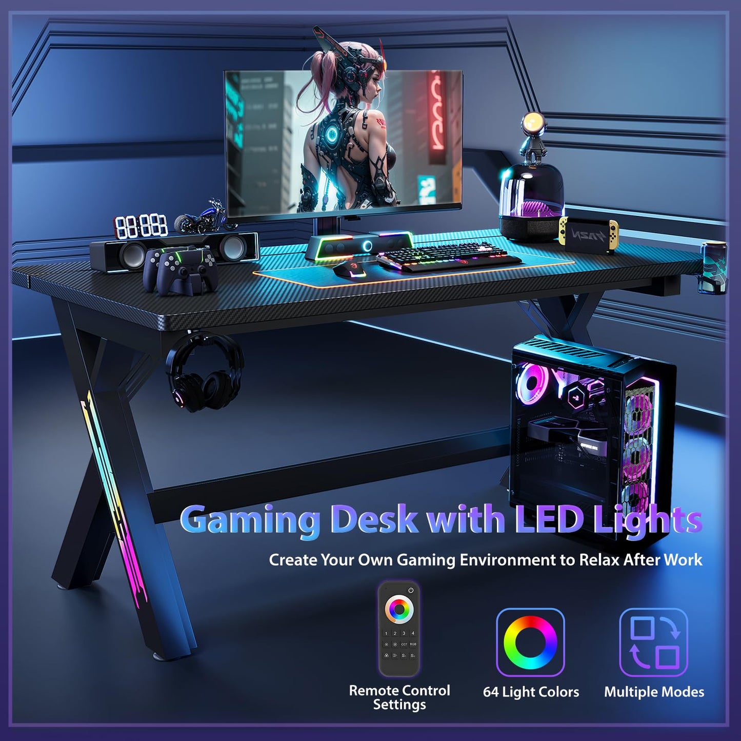 55.11 Inch Gaming Desk Computer Desk with LED Lights, Sturdy Small Desk for Bedroom, Home Office Desks Ergonomic PC Gaming Table Workstation w/Cup Holder, Headphone Hook, Cable Box, Carbon Fiber Black