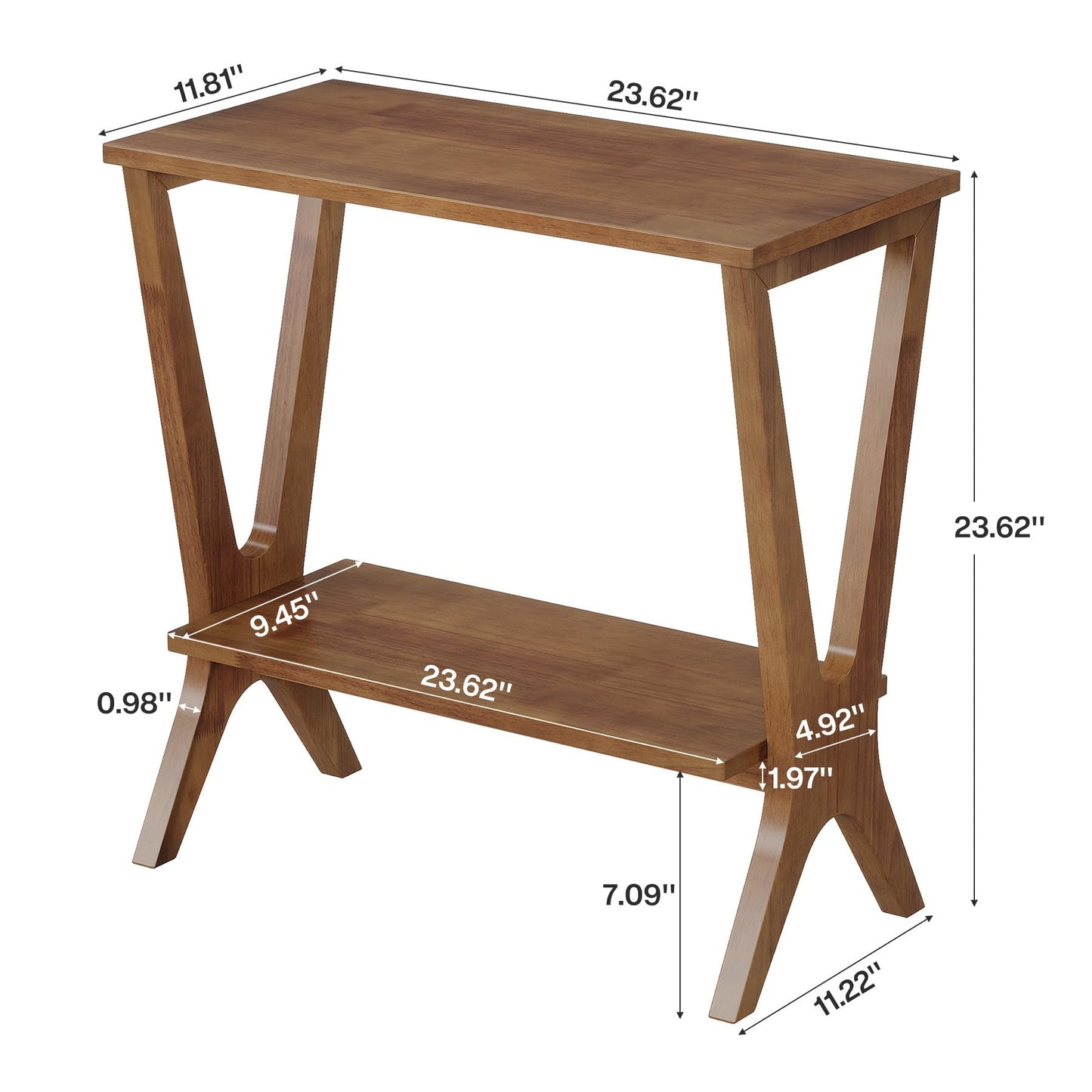 TRIBEWOOD Solid Wood End Table Set of 2, 2-Tier Storage Shelves Sofa Couch Side Table with Sturdy Legs, Wooden Narrow Retro Nightstand for Small Spaces, Bedroom, Living Room, Apartment, Vintage Brown