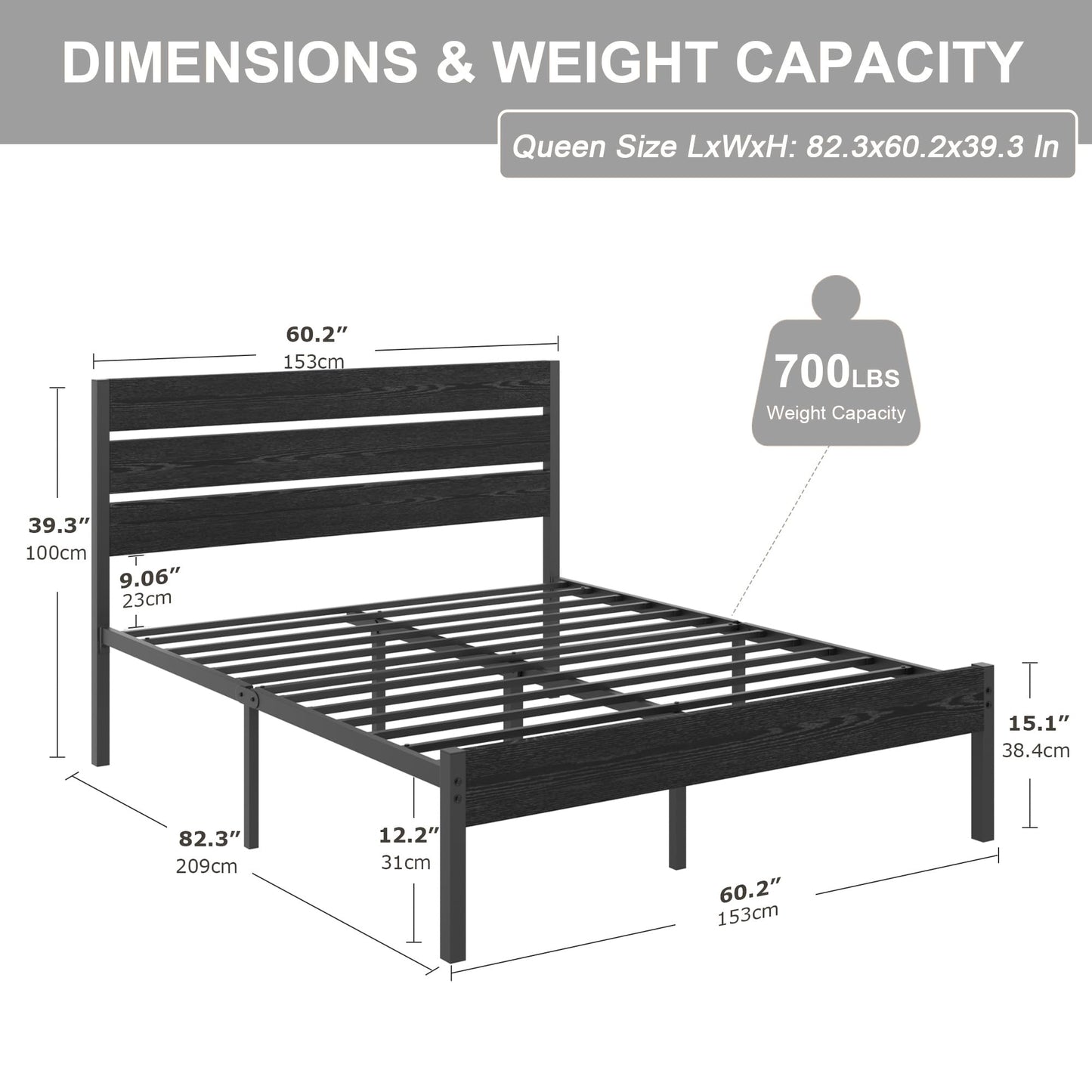 VECELO Queen Size Bed Frame with Wood Headboard and Footboard, 14 Inch Platform/No Box Spring Needed, Heavy Duty Support, Easy Assembly