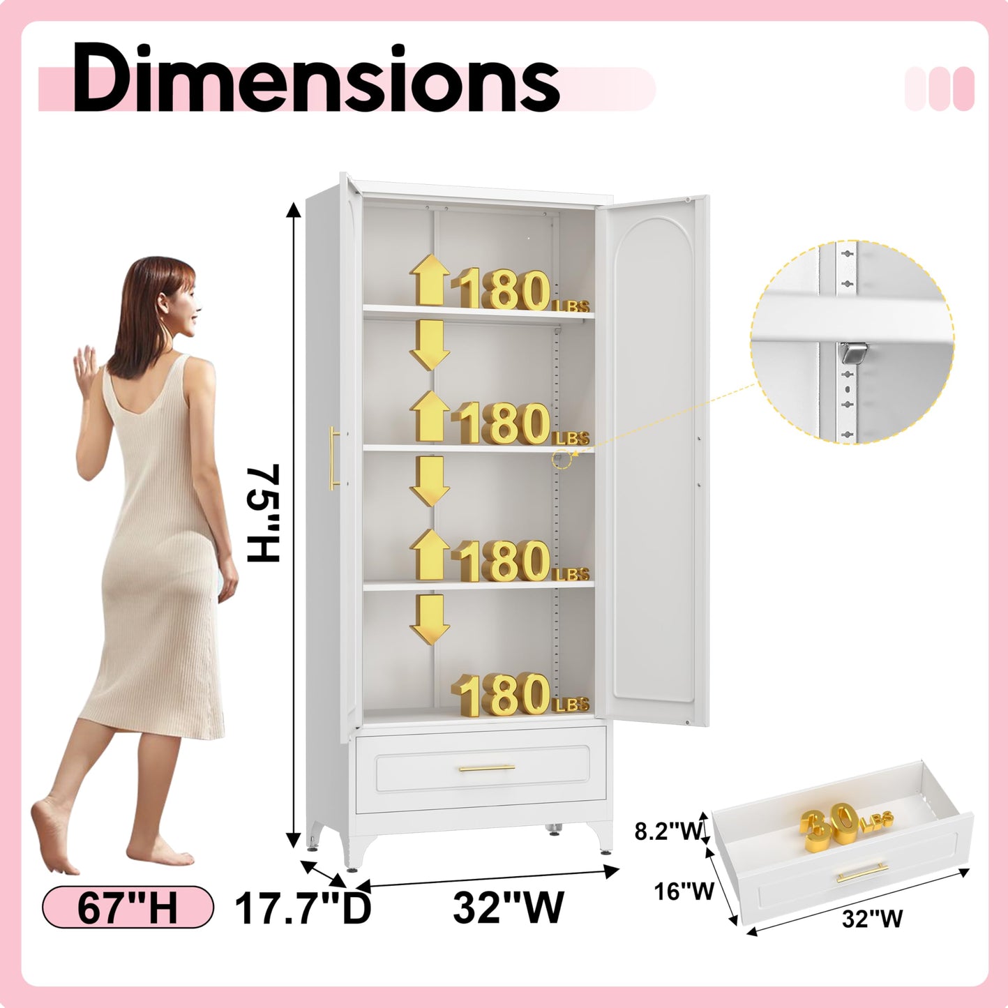 UNICOLY Pantry Kitchen Cabinet with Drawer, 75" Tall Pantry Storage Cabinet, Metal Storage Cabinets with Doors and Shelves, Large Freestanding Cupboard for Dining Room, Assembly Required, White