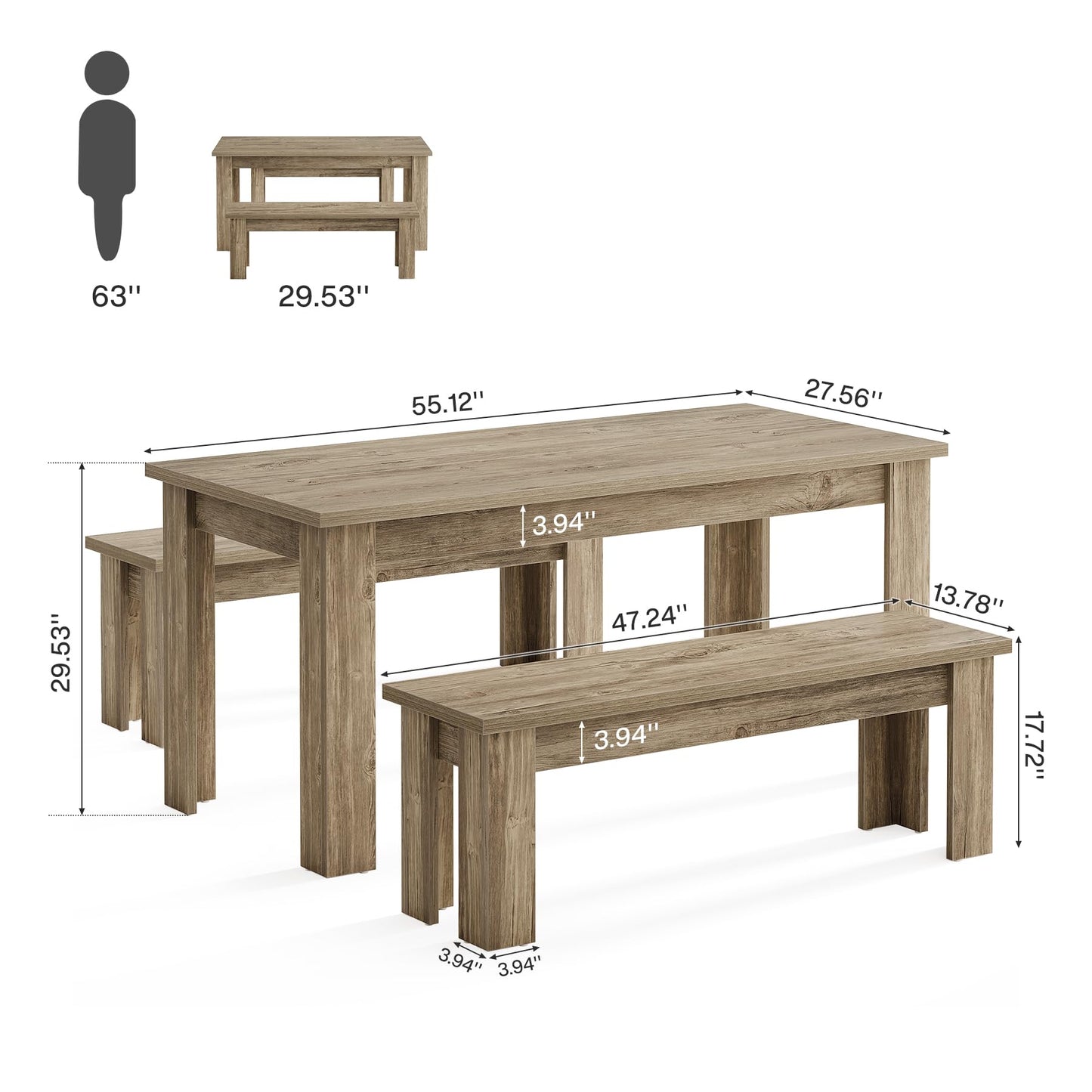 Tribesigns Dining Table Set for 6, 55.1-Inch Rectangle Kitchen Table with 2 Benches, 3-Piece Wooden Dining Room Table Set for Kitchen