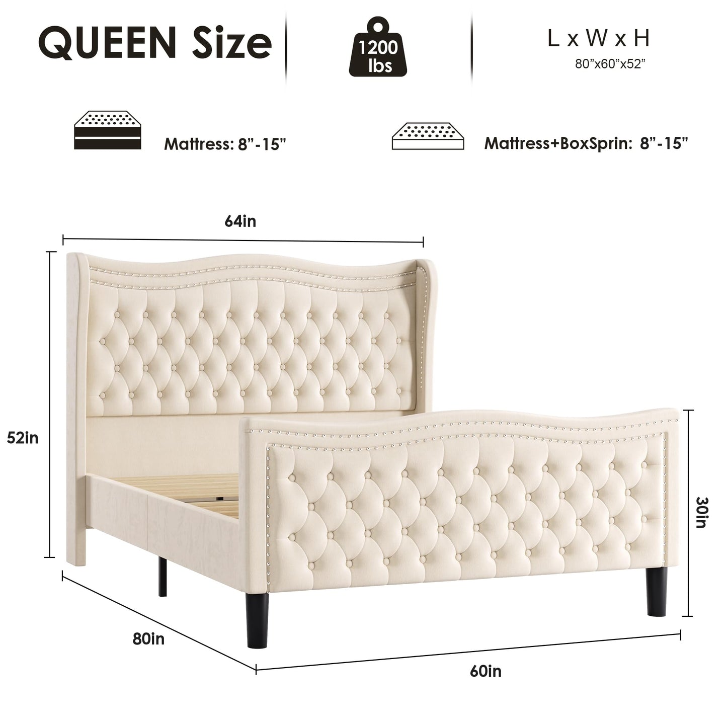 VINTLJUS Queen Bed Frame with Tall Headboard & Footboard, Velvet Upholstered Platform Bed Frame with Deep Button Tufted Wingback, No Box Spring Needed, Noise Free, Beige