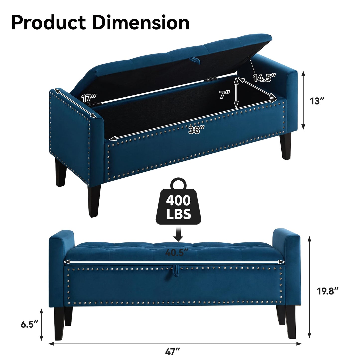 WUTUTUEE 47" Velvet Storage Bench, Upholstered Bed Bench with Storage, End of Bed Ottoman with Wooden Legs,Bedside Storage Bench for Bedroom, Living Room, or Entryway, Blue