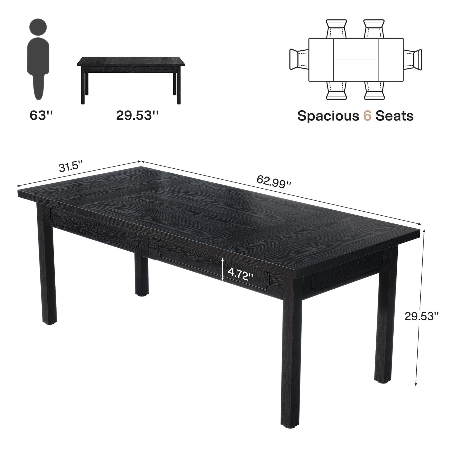 Tribesigns 63-inch Farmhouse Dining Table for 4-6, Rectangular Dining Room Table with Sturdy Legs, Modern Kitchen Dinner Table for Dining Room, Living Room, Kitchen (Black)