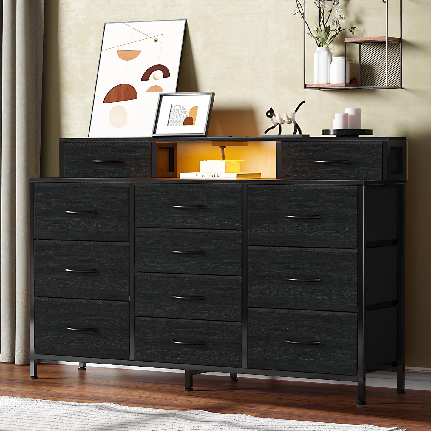 Furnulem 55" W Dresser for Bedroom with LED Lights and Power Outlets,Black Large 12 Storage Drawers Long Fabric Chests Dressers with 2 Shelves for Closet,Living Room,Entryway,Wooden Top,Metal Frame