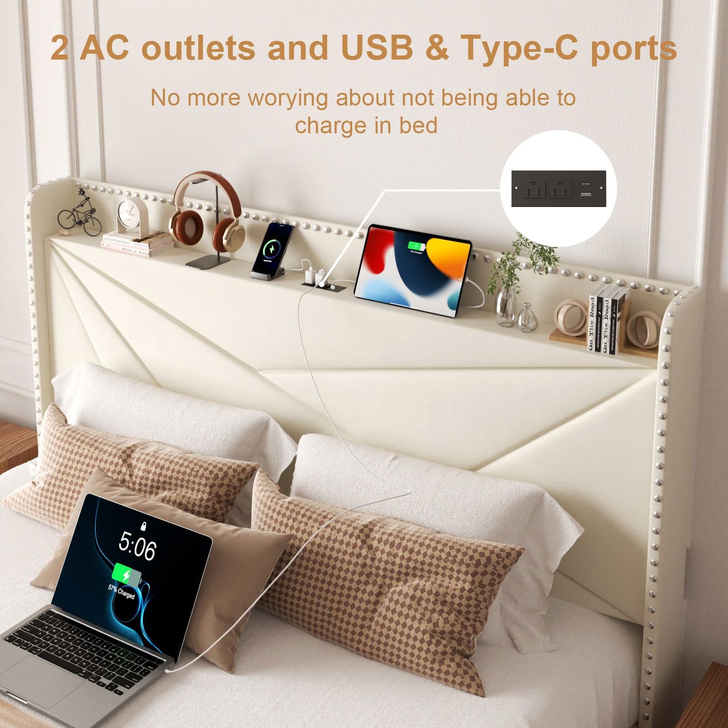 viplov King Size Bed Frame with 2 Large Drawers, Storage Headboard Built-in Charging Station, Modern Chic Rivet Design, Easy Assembly, No Box Spring Required, Noise-Free, Beige
