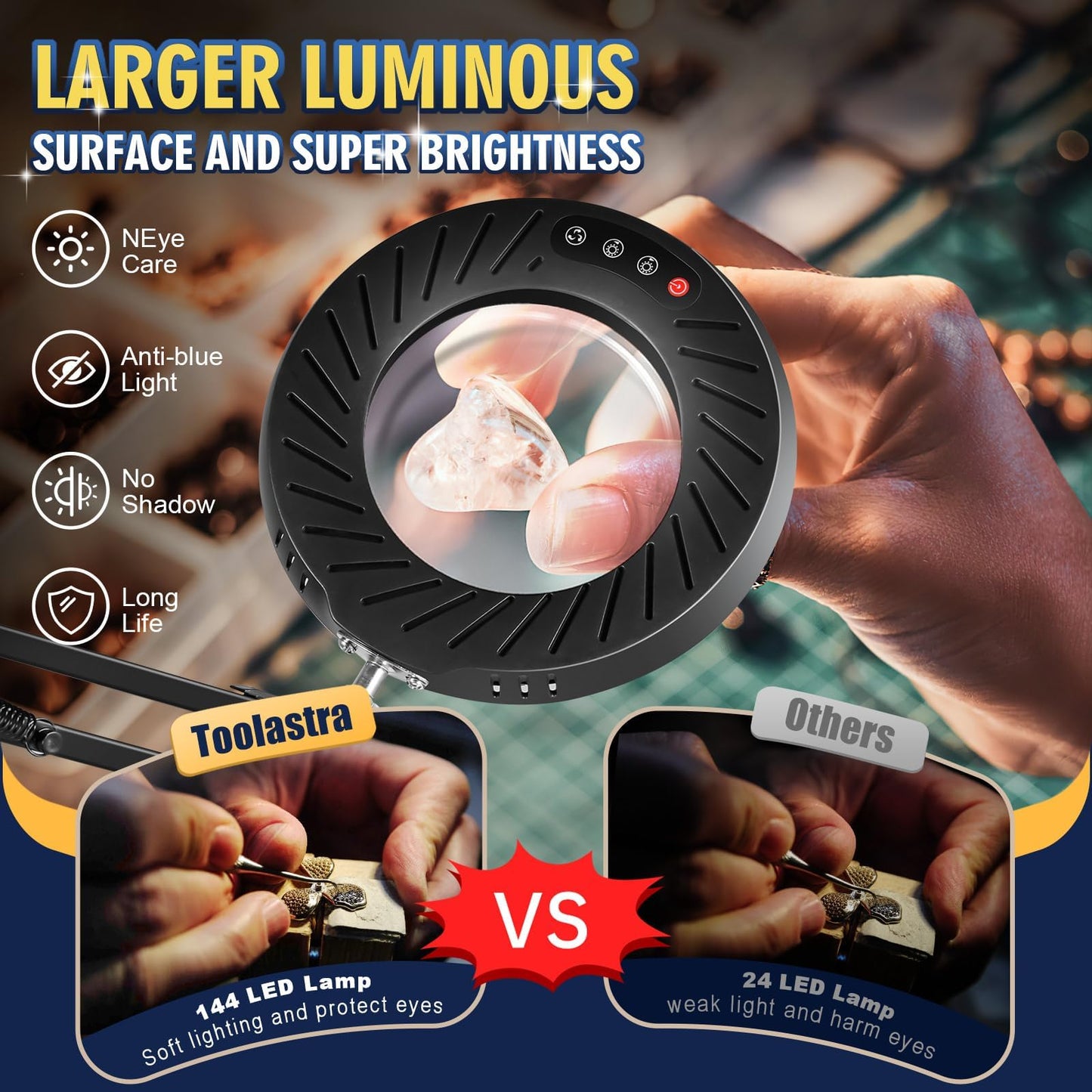 12X Magnifying Glass with Light and Stand, 144 LEDs Brightest Desktop Magnifying Lamp, 10 Dimmable Brightness 5 Color Modes, Hands Free Metal Desk Lamp for Craft Reading Painting Hobby Close Work