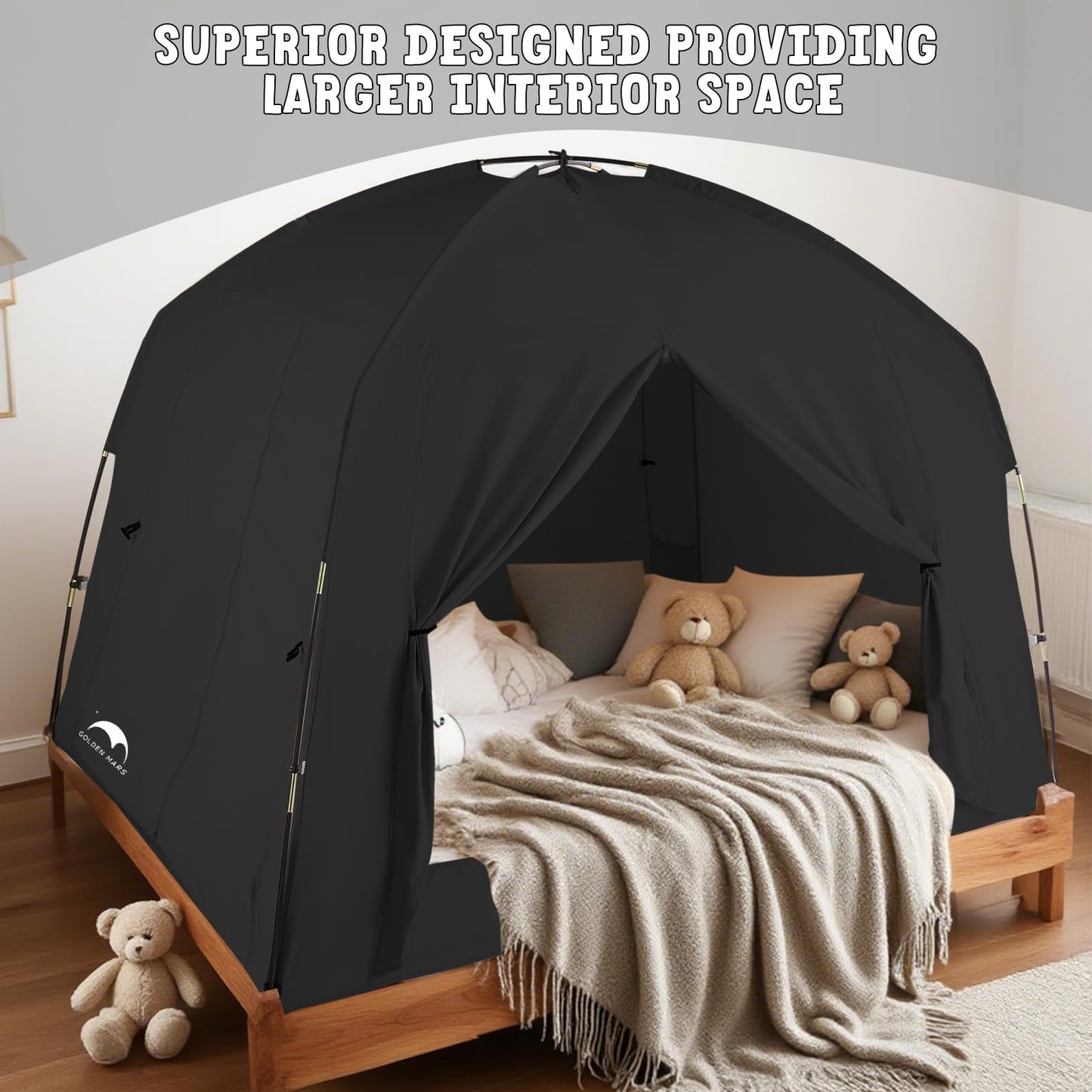 Bed Tents for Kids and Adult, Portable 100% Breathable and 93% Blackout Toddler Dream Play Tent, 3 Doors Big Privacy Space Sleeping Canopy for Floor or Twin Full Queen Sizes Bed (Black, Twin-Size)