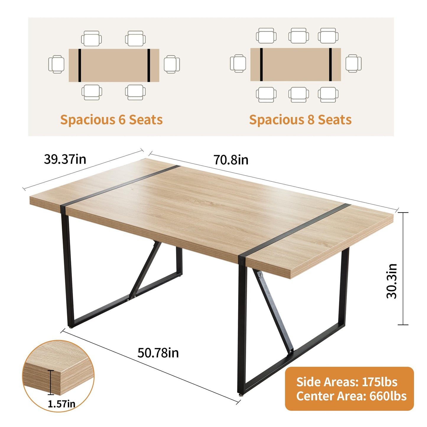 VipDesk 70.8" × 39.4" Farmhouse Dining Table for 6 to 8, Rectangular Dinner Table with Sturdy Metal Frame for Kitchen Dining Room Living Room - Natural Wood