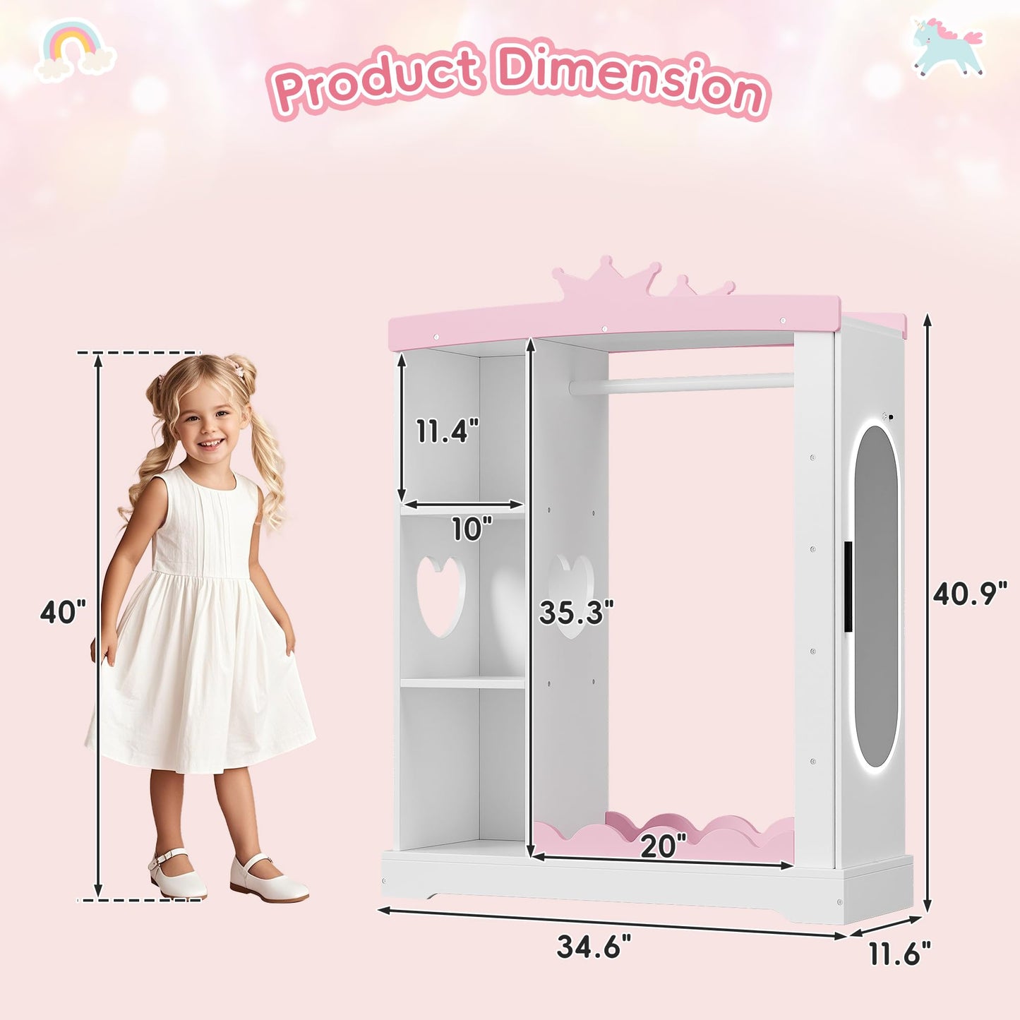 Xilingol Kids Armoire with Jewelry Cabinet, Dress up Storage with Mirror and Shelves, Princess Dress Closet and Costumes Wardrobe Closet, Costume Organizer for Bedroom, Kids Room, Girls (White)