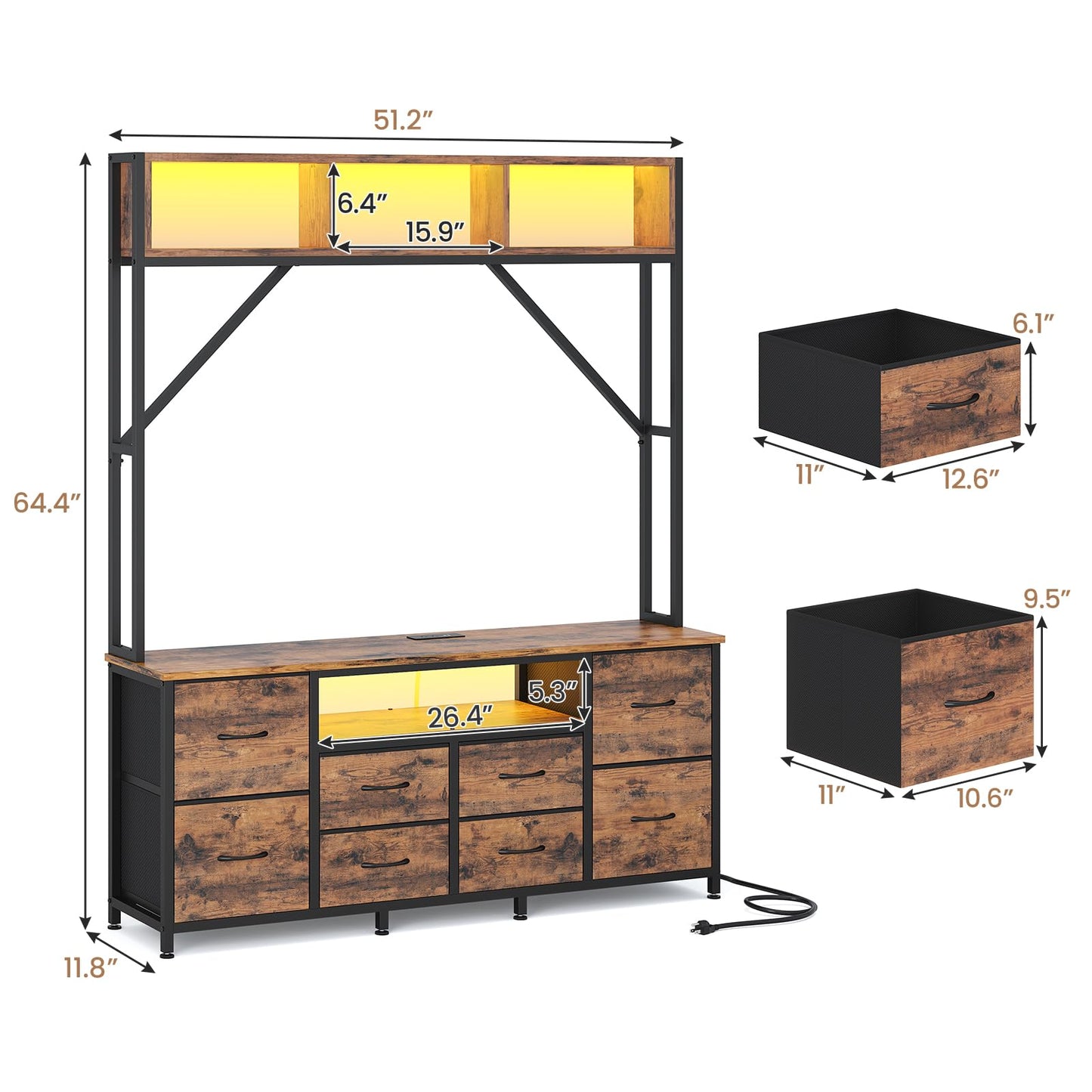 BTHFST 55" TV Satnd for Bedroom Room, Wall Unit Entertainment Center with 2 LED Lights & Power Outlets, TV Stand Dresser with 6 PU Fabric Drawers & 4 Open Storage Shelves, Rustic Brown