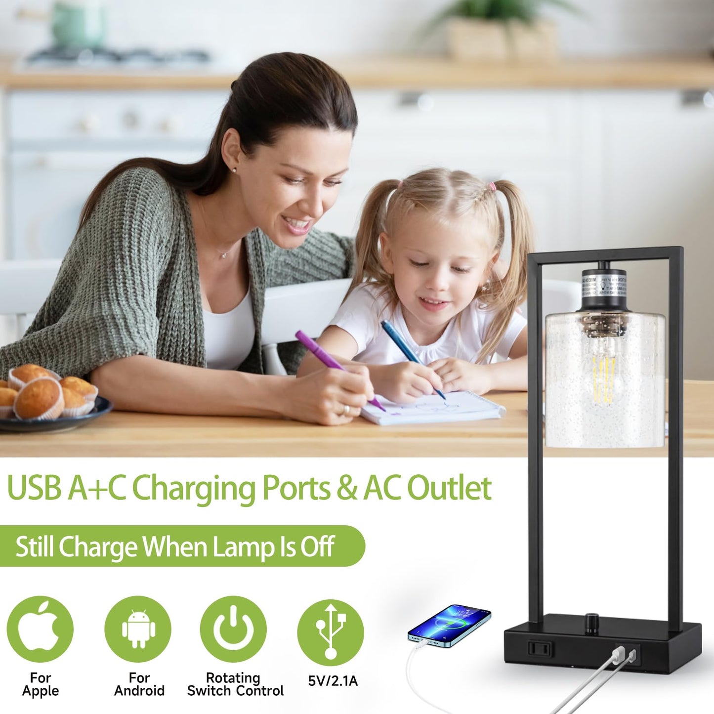 Vikdio 16" Set of 2 Industrial Table Lamps with USB A+C Charging Ports and AC Outlet, Fully Stepless Dimmable Bedside Lamps with Seeded Glass Shade for Bedroom Living Room Office, LED Bulbs Included