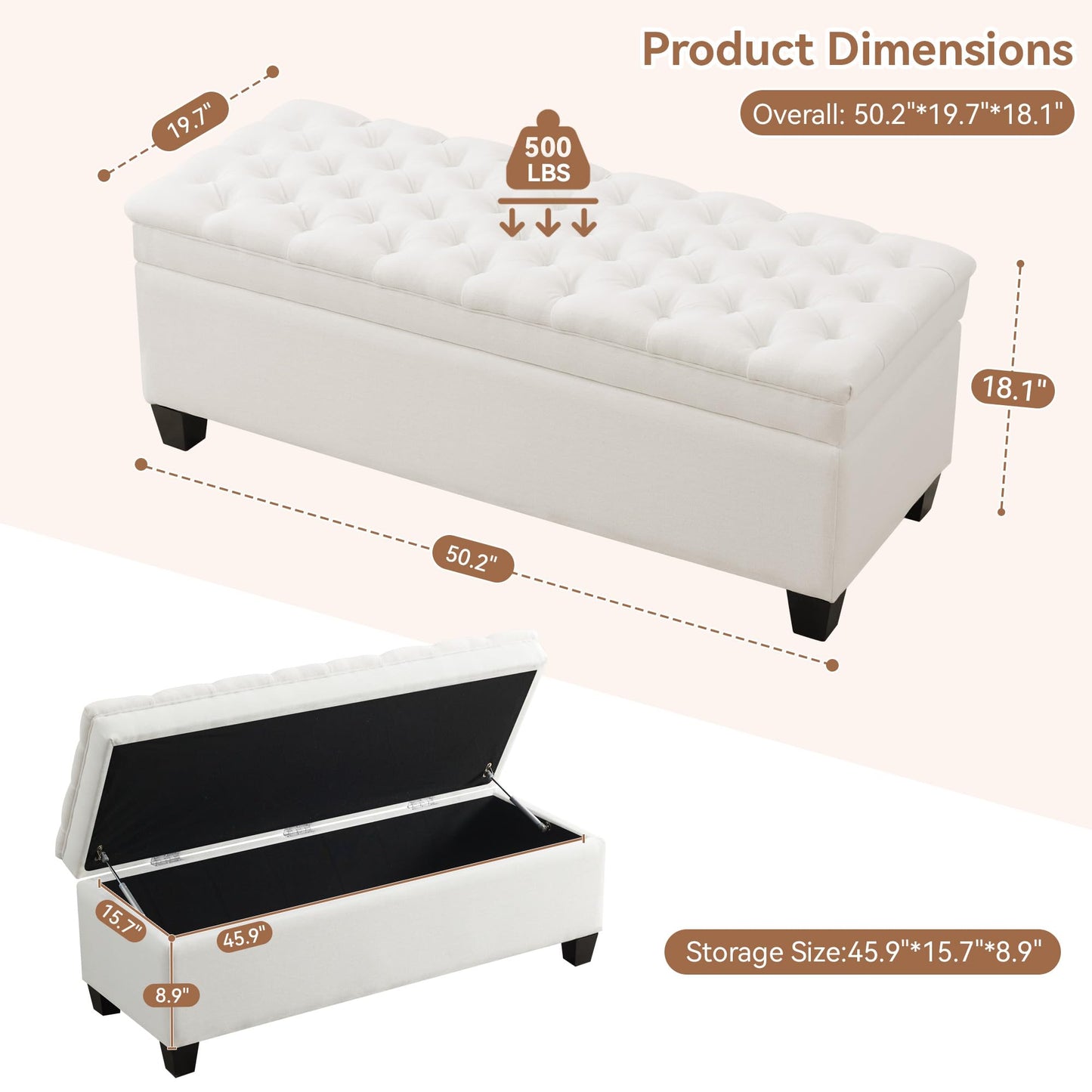 WUTUTUEE 51" Fabric Storage Ottoman Bench, Upholstered Rectangle End of Bed Storage Ottoman Tufted Living Room Bedroom Bench with Safety Hinge, Solid Wood Legs, Loads 500 lb(Beige)