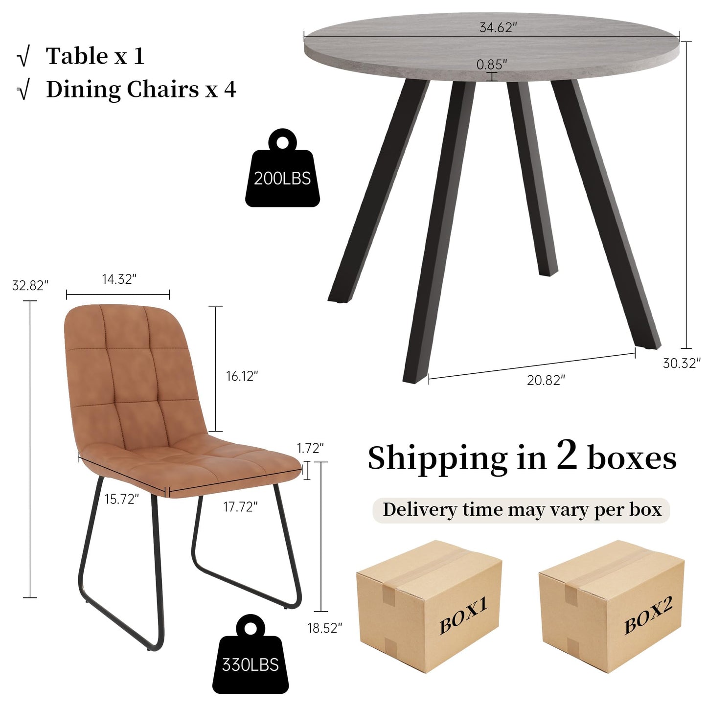 Zerifevni 34.6'' Dining Table and Chairs for 4, Mid Century Modern Round Table Set, Space Saving for Apartment Kitchen Dining Room (Grey Table+4 U-Shaped Brown Chairs)