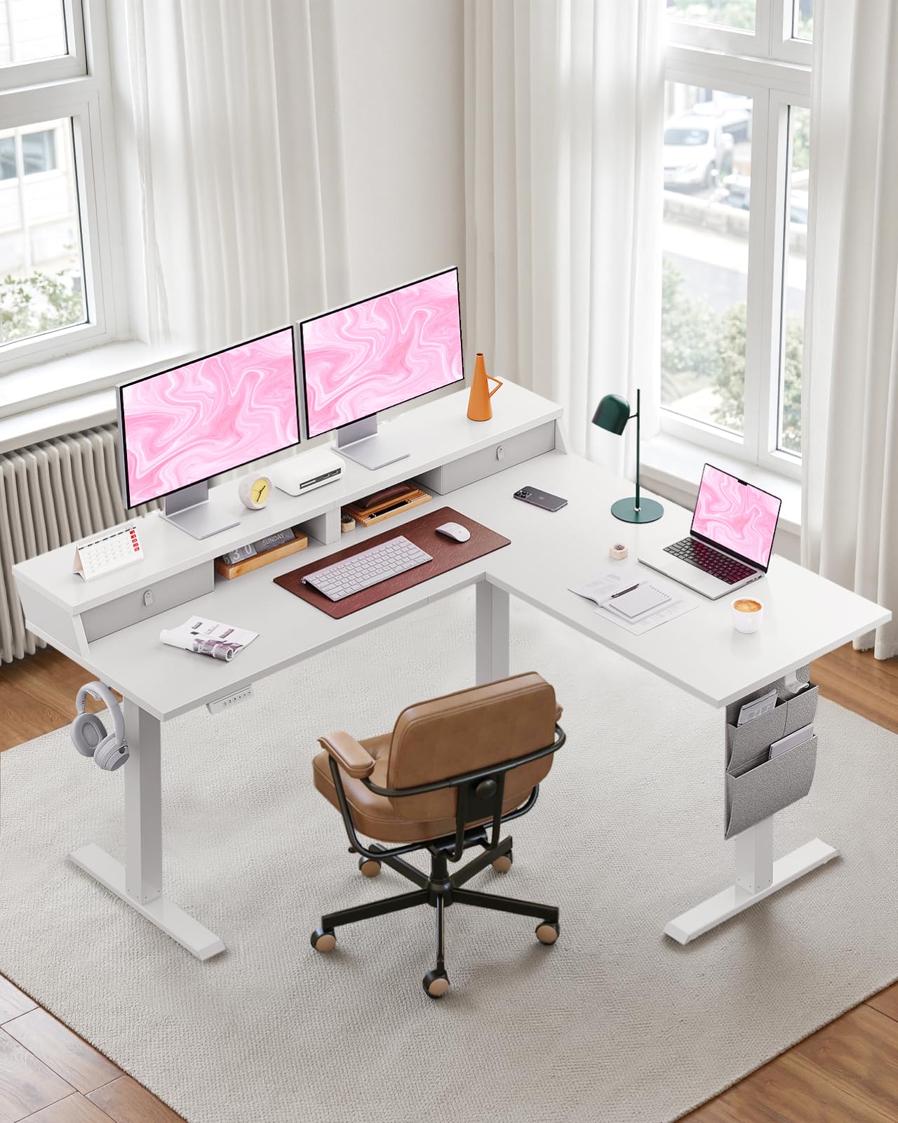 ErGear L Shaped Electric Standing Desk, 63" Ergonomic Corner Height Adjustable Desk with Drawers, Sit Stand Computer Table with Storage for Work Office Home, White