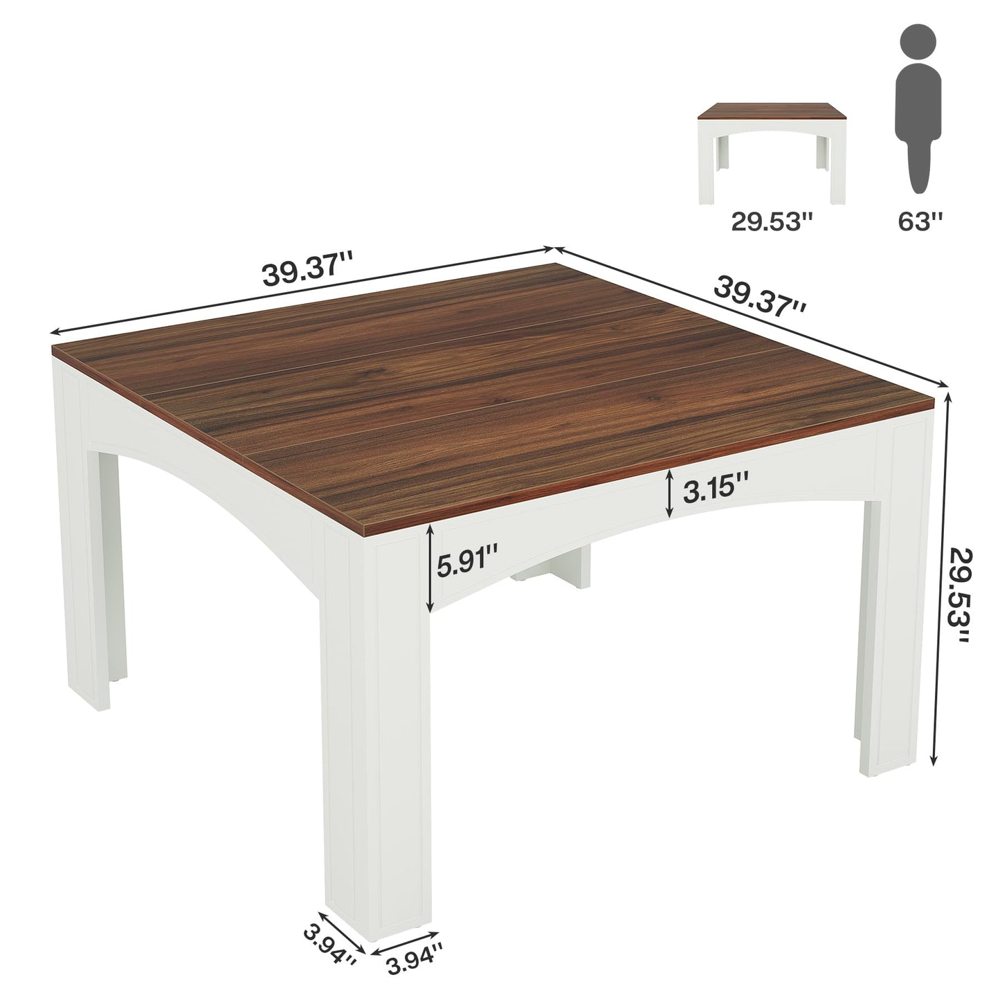 Tribesigns Square Dining Table for 4 Person, 39.4" Farmhouse Wood Kitchen Table Dinner Table for Dining Room, Small Space, Walnut + White