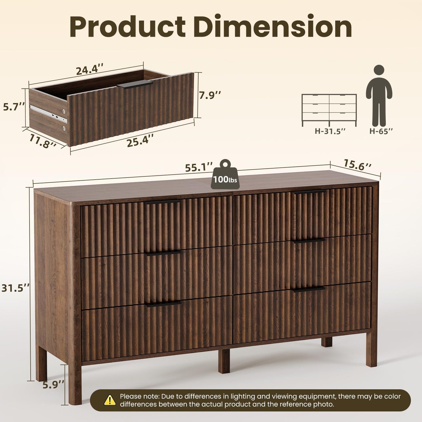55" Wide Fluted 6 Drawer Dresser for Bedroom, Wooden Dresser Modern Chest of Drawers TV Stand Dressers with Organizer Storage for Bedroom, Living Room, Entryway, Walnut