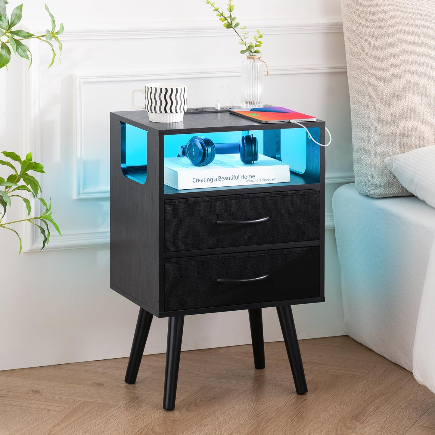 Yoobure LED Night Stand with Charger Station, Mid Century Modern Nightstand with Fabric Drawers, Bedside Table Nightstands with Storage Shelf, Bed Side Table Small Night Stands for Bedroom Living Room