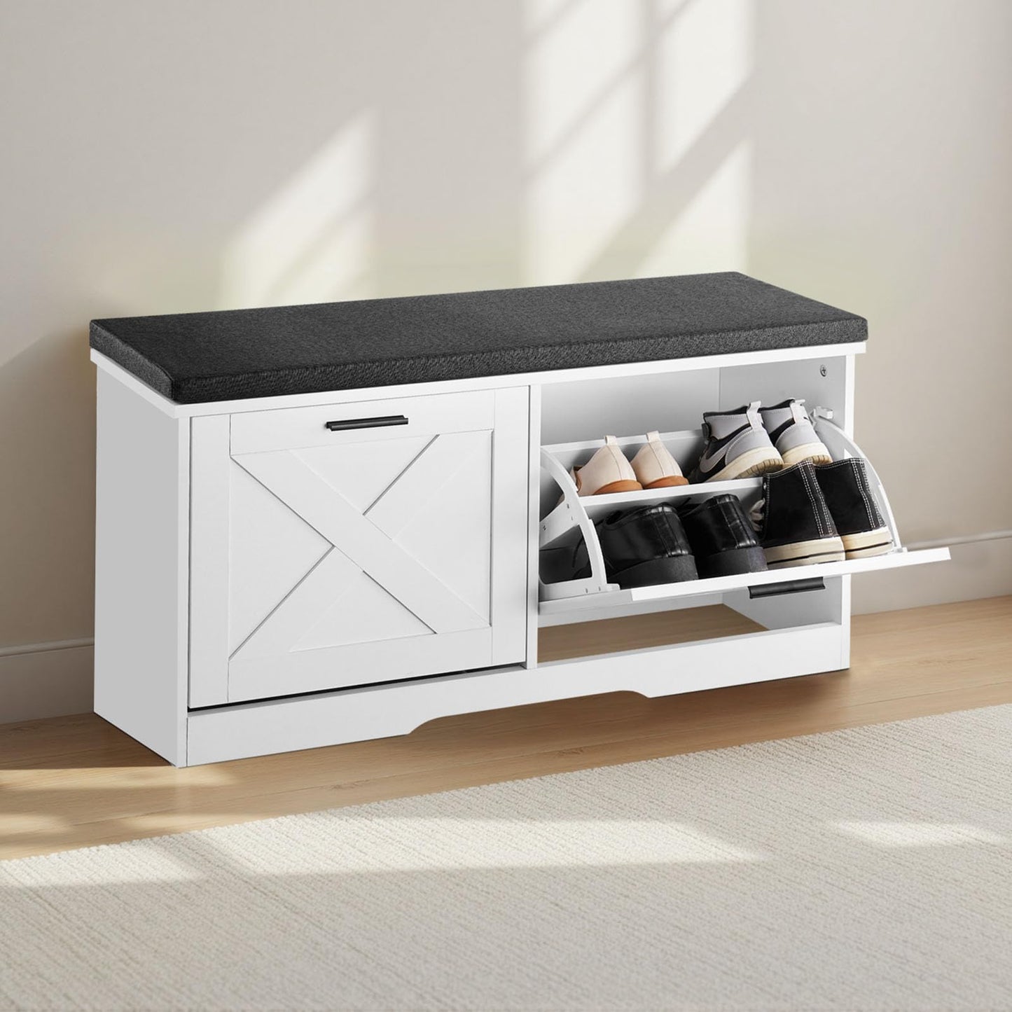 VEVOR Shoe Storage Bench with 2 Flip Drawers & Padded Cushion, Entryway Bench with Adjustable Shelves, Holds up to 440 lbs, 39.4 x 12.0 x 18.7 Inches, for Entryway, Hallway, Living Room, Bedroom