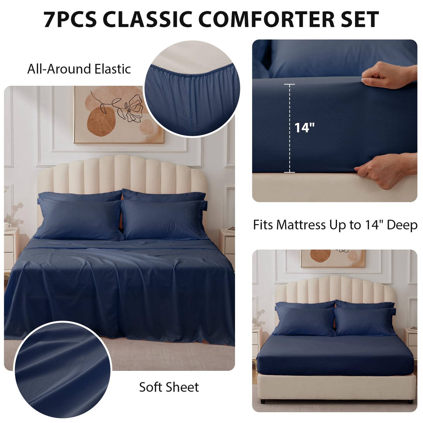 Velorose Queen Comforter Set Navy - Bed in a Bag Queen Size 7 Pieces, Soft Bedding Set for All Seasons, Premium Queen Comforter Set with Comforter, Sheets, Pillowcases & Shams