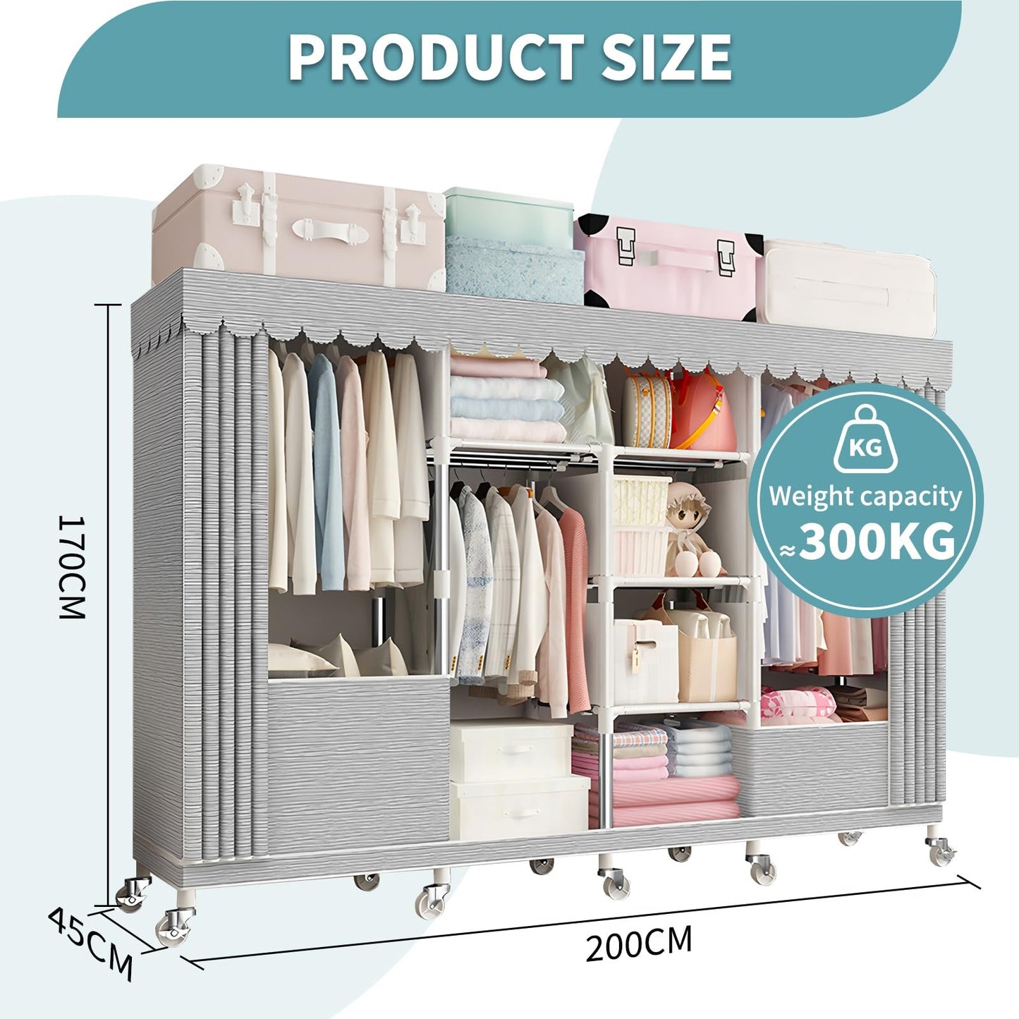 YFGSFWTS Portable Closet for Hanging Clothes with Wheels wardrobe closet Wide Large Capacity Wardrobe Closet with Cover Storage Shelves and Hanging closets for hanging clothes for Cloakroom Bedroom(20